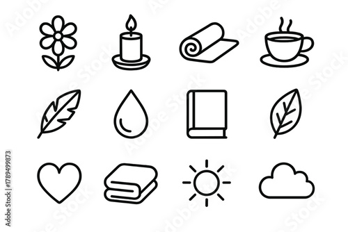 Serene Living Icons. Peaceful Living linear icon set: flower, candle, yoga mat, tea cup, feather, droplet, book, leaf, heart, towel, sun, cloud.