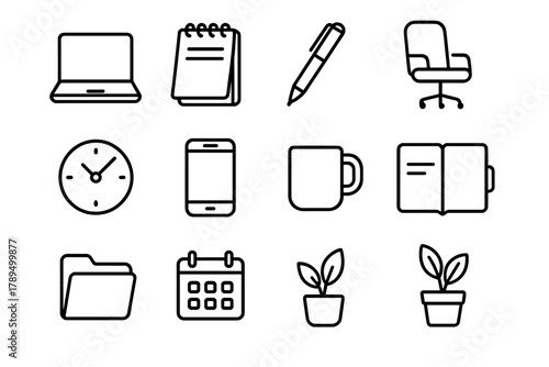 Work Essentials Outline. Workday focus linear icon set: laptop, notepad, pen, desk, chair, clock, phone, coffee mug, planner, folder, calendar, plant.