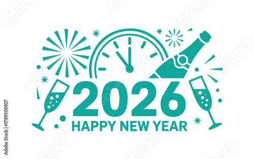 Celebrate 2026 New Year's Eve with festive champagne glasses, fireworks, and countdown clock anticipation for a joyful, modern celebration