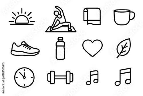 Morning Yoga Icons. Morning Stretch linear icon set: sunrise, yoga mat, person stretching, towel, cup, shoe, water bottle, heart, leaf, clock, dumbbell, music note.