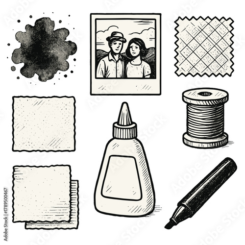 Mixed Media Harmony. Mixed Media Collage linear icon set: watercolor splash, vintage photo, fabric patch, thread spool, textured paper, glue bottle, cardboard piece, marker pen.