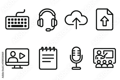 E-Learning Icons Set. E-Learning Tools linear icon set: keyboard, headset, cloud icon, file upload, video lesson, note pad, microphone, virtual classroom.