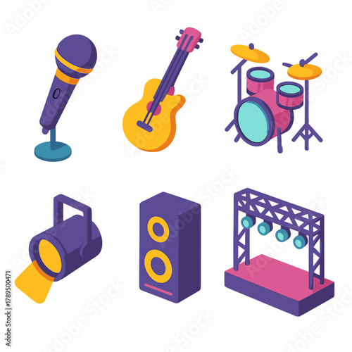Musical Icon Set. Stage Energy modern flat icons set: microphone, guitar, drum set, spotlight, speaker, stage.