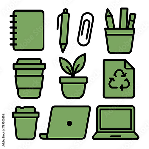 Green Office Supplies Icons. Green Office Supplies linear icon set: notebook, pen, paper clip, pencil holder, reusable cup, plant pot, recycled paper, laptop.