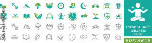 Active Balance Wellness Icon Set featuring fitness, health, yoga, nutrition, and self-care symbols. Perfect for lifestyle, healthcare, and wellness projects. Editable vector illustration.