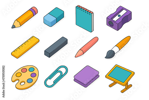 Art Studio Essentials. Art studio tools modern flat icons set: pencil, eraser, sketchpad, sharpener, ruler, charcoal stick, blending stump, paintbrush, color palette, paper clip,