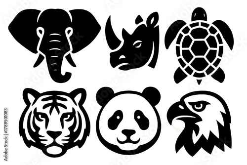 Bold Endangered Icons. Endangered Animals silhouette icon set: elephant, rhino, sea turtle, tiger, panda, eagle.