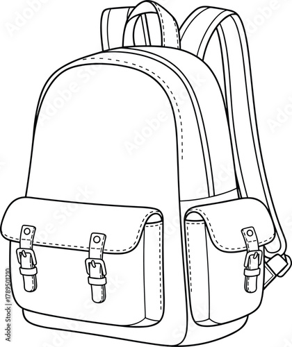 Detailed line art drawing of stylish leather backpack with buckle pockets, straps, and handle for travel, school, and fashion use