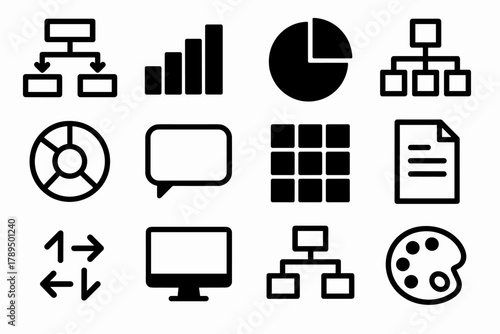 Bold Brutalist Icons. Design Frameworks silhouette icon set: flowchart, bar chart, pie graph, hierarchy tree, color wheel, text box, data grid, document page, arrows, monitor,