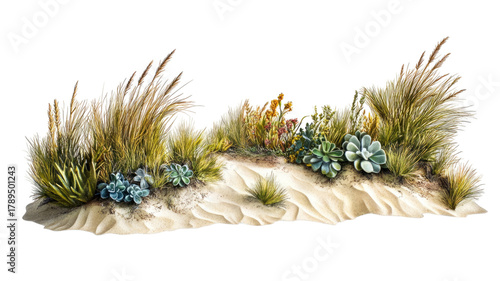 Peaceful existence of sand dunes with smooth golden curves under soft sunlight in tranquil desert landscape, isolated on white background