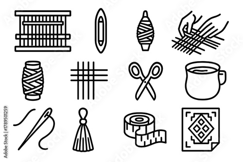 Craftsmanship Icons. Artisan craftsmanship linear icon set: loom, shuttle, spindle, weaving hands, thread spool, warp and weft, scissors, dye pot, needle, tassel, measuring tape,