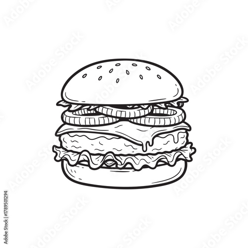 Hamburger Doodle Icon Hand-Drawn Sketch, Black and White Vector Illustration for Fast Food Menu or Restaurant Logo.