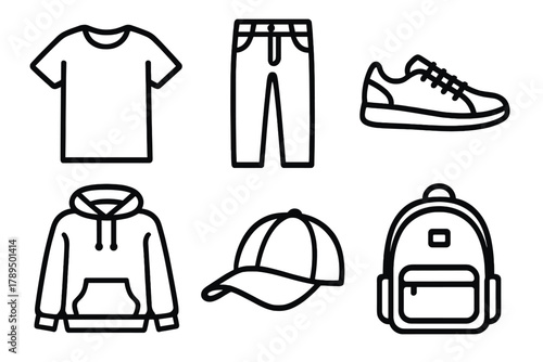 Everyday Essentials Icons. Everyday Basics linear icon set: t-shirt, jeans, sneakers, hoodie, cap, backpack.