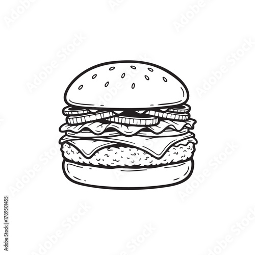 Hamburger Doodle Icon Hand-Drawn Sketch, Black and White Vector Illustration for Fast Food Menu or Restaurant Logo.