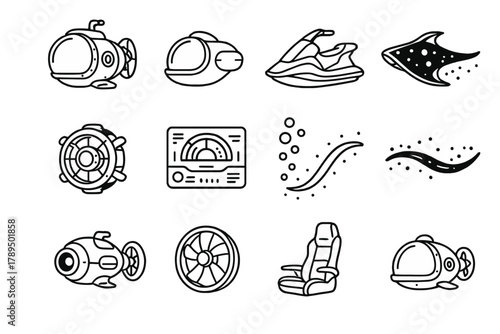 Futuristic Aquatic Vehicles. Futuristic aquatic transport linear icon set: glass dome submarine, personal sea pod, hydrojet scooter, manta-shaped vehicle, energy core engine,