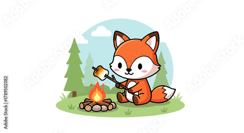 Cartoon fox roasting marshmallow over campfire in forest setting.