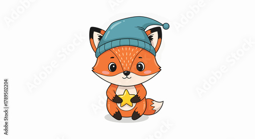 Cute cartoon fox wearing a blue hat and holding a yellow star, sitting on a white background.