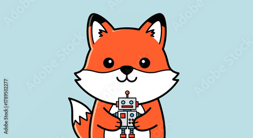 Cartoon fox holding a robot toy with a light blue background.