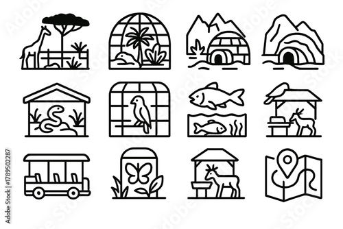 Zoo Habitat Icons. Zoo habitats linear icon set: savanna enclosure, rainforest dome, arctic zone, reptile house, aviary, aquarium, petting zoo, insectarium, nocturnal house,