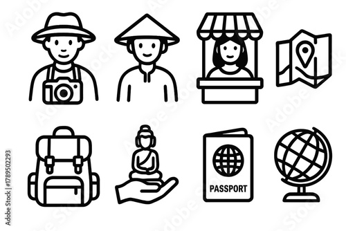 Cultural Icons Journey. Cultural Explorers linear icon set: traveler with camera, traditional hat, local market, map, backpack, souvenir, passport, world globe.