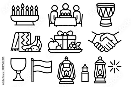Kwanzaa Symbols Collection. Kwanzaa celebration linear icon set: candles, kinara, family dinner, drum, African cloth, fruit tray, gift box, handshake, unity cup, flag, lantern,