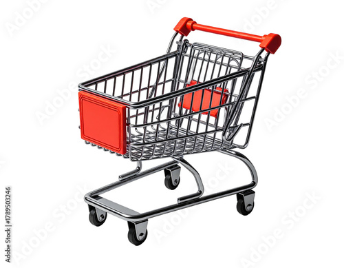 Chrome shopping cart with red accents, isolated on black