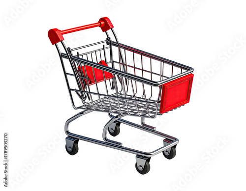 Miniature shopping cart, metal frame with red handle and accents