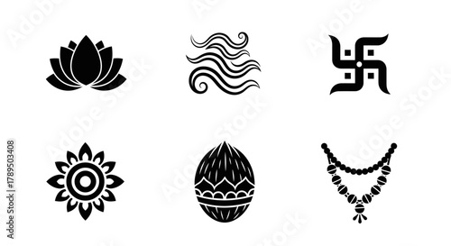 Auspicious Symbols of Hindu Culture Lotus, Swastika, Coconut, and Jewelry Icons