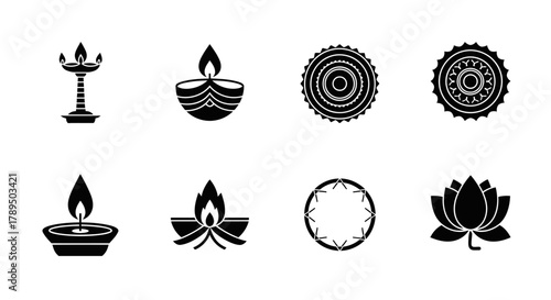 Diwali Symbols Elegant Black and White Illustrations Set for Festive Projects