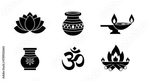 Hindu Celebration Icons Lotus, Pot, Lamp, Om Symbol, Fire Pit Illustrations