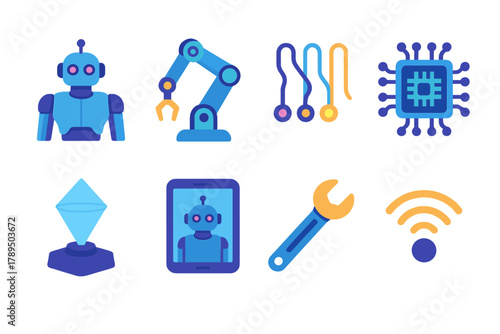 Robotics Isometric Icons. Advanced Robotics Design modern flat icons set: robot torso, mechanical arm, wires, chip, hologram, tablet, tool, signal.