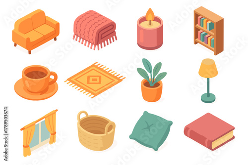 Cozy Home Icons. Warm Home Decor Icons modern flat icons set: sofa, knitted throw, scented candle, bookshelf, tea cup, rug, plant pot, floor lamp, window curtains, basket, cushion,