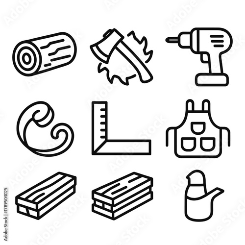 Timber Crafting Icons. Timber Crafting linear icon set: log, axe, saw blade, drill, wood shavings, measuring square, plank stack, carpenter’s apron.