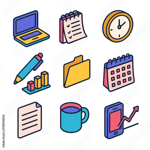 Modern Efficiency Icons. Work Efficiency Tools modern flat icons set: laptop, notepad, checklist, clock, pen, bar chart, folder, calendar, document, coffee mug, phone, graph.