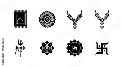 Sacred Religious Icons of Hinduism and Islam in Black and White Vector Art