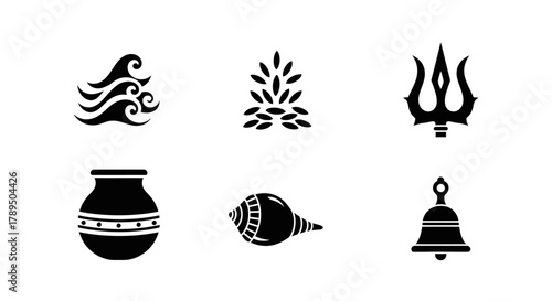 Set of Hindu Religious Symbols Black and White Outline