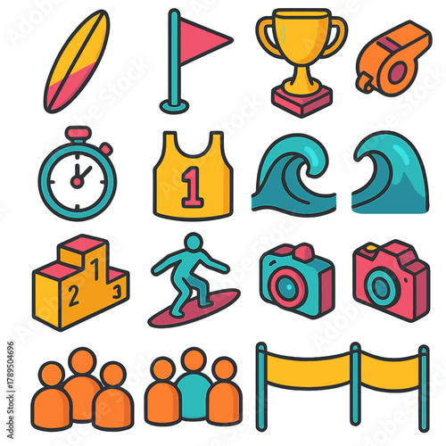 Surf Competition Icons. Surf Competition Icons modern flat icons set: surfboard, flag, trophy, whistle, timing watch, number bib, wave, podium, surfer silhouette, camera, crowd,