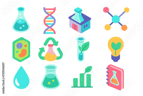 Biotech Icon Collection. Biotechnology in Design modern flat icons set: lab flask, DNA helix, bio lab icon, molecular structure, plant cell, green chemistry symbol, leaf in test
