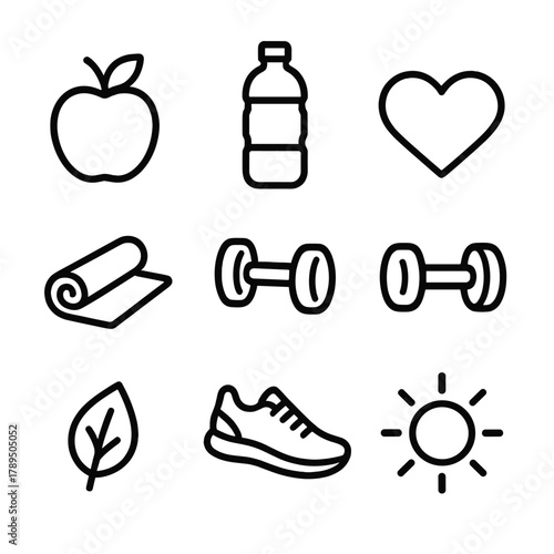 Healthy Living Icons. Healthy Lifestyle linear icon set: apple, water bottle, dumbbell, heart, yoga mat, shoe, leaf, sun.