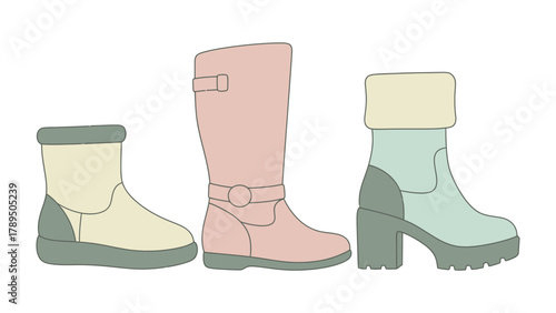 Winter Boots in a Row: A trio of stylish winter boots, ready to provide warmth and fashion. A representation of the winter season, perfect for various activities in cold weather.