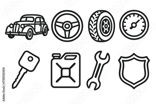 Vintage Car Icons. Classic Collection linear icon set: vintage car, steering wheel, tire, speedometer, key, fuel can, wrench, badge.