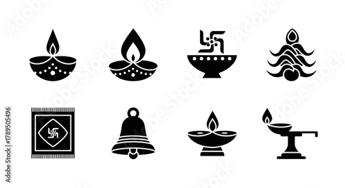 Set of icons of traditional Hindu symbols Diya lamps, bell and prayer mat