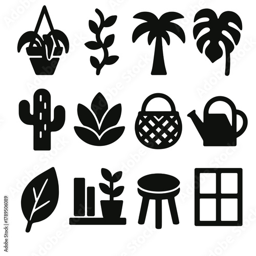 Home Jungle Icons. Home Jungle Icons silhouette icon set: hanging plant, vine, palm, monstera, cactus, succulent, rattan basket, watering can, leaf, bookshelf plant, stool, window.