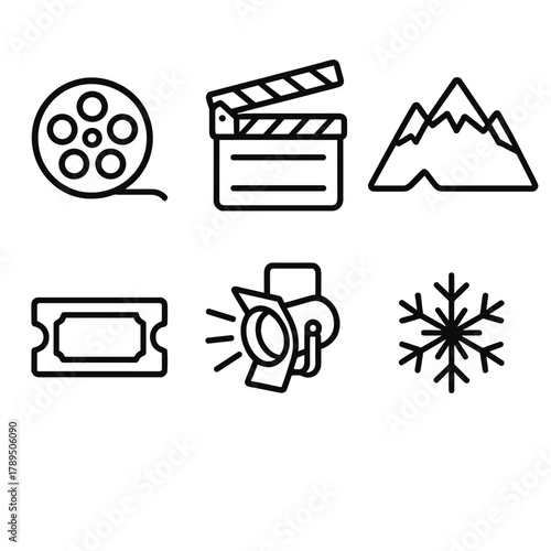 Film Festival Icons. Sundance Film Festival linear icon set: film reel, clapperboard, mountain, ticket, spotlight, snowflake.