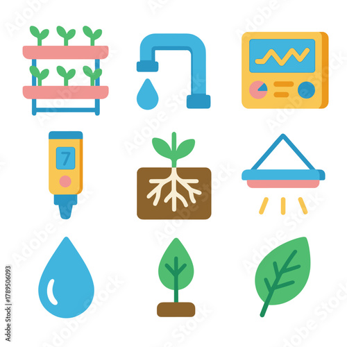 Hydroponic Farming Elements. Soilless Agriculture modern flat icons set: plant rack, water pipe, droplet, control panel, pH meter, roots, light bar, leaf.
