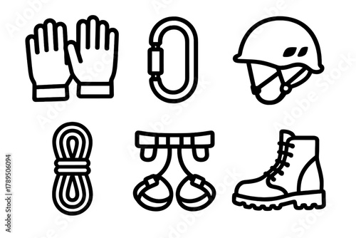 Safety Gear Icons. Safety Gear linear icon set: gloves, carabiner, helmet, rope, harness, boots.