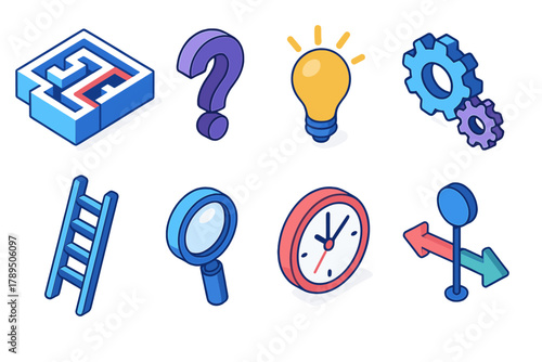 Problem Solving Icons. Problem Solving modern flat icons set: maze, question mark, idea spark, gears, ladder, magnifier, clock, decision node.