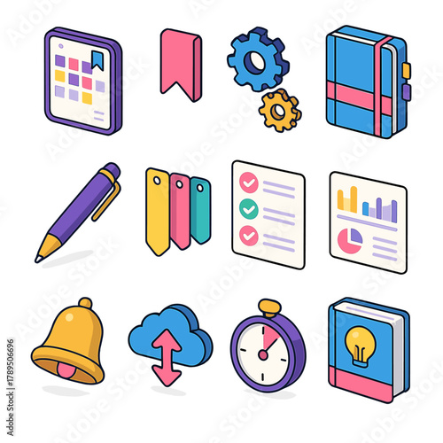 Modern Study Icons. Customized Study Tools modern flat icons set: planner app, bookmark icon, adjustable settings, notebook, pen, color-coded tags, personalized goal list,