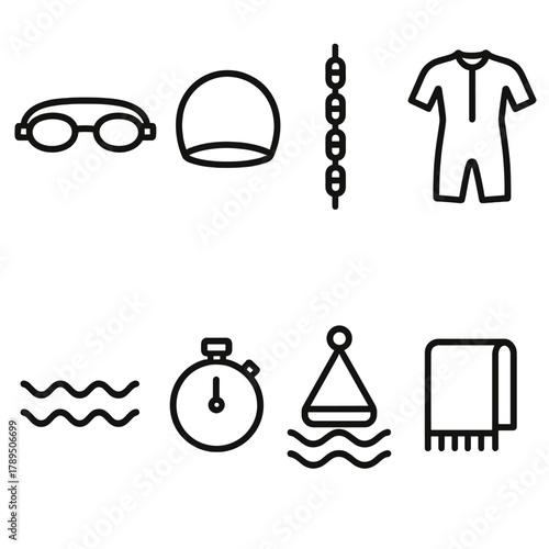 Swimming Gear Icons. Swimming Stage linear icon set: goggles, swim cap, lane marker, wetsuit, waves, stopwatch, buoy, towel.