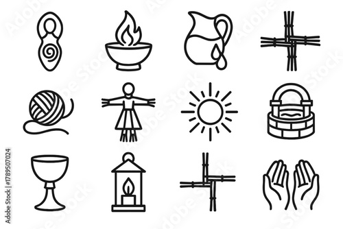 Brigid's Sacred Symbols. Brigid’s Blessing linear icon set: goddess symbol, flame in bowl, water jug, reed bundle, wool yarn, handmade doll, sun disc, sacred well, chalice, lantern